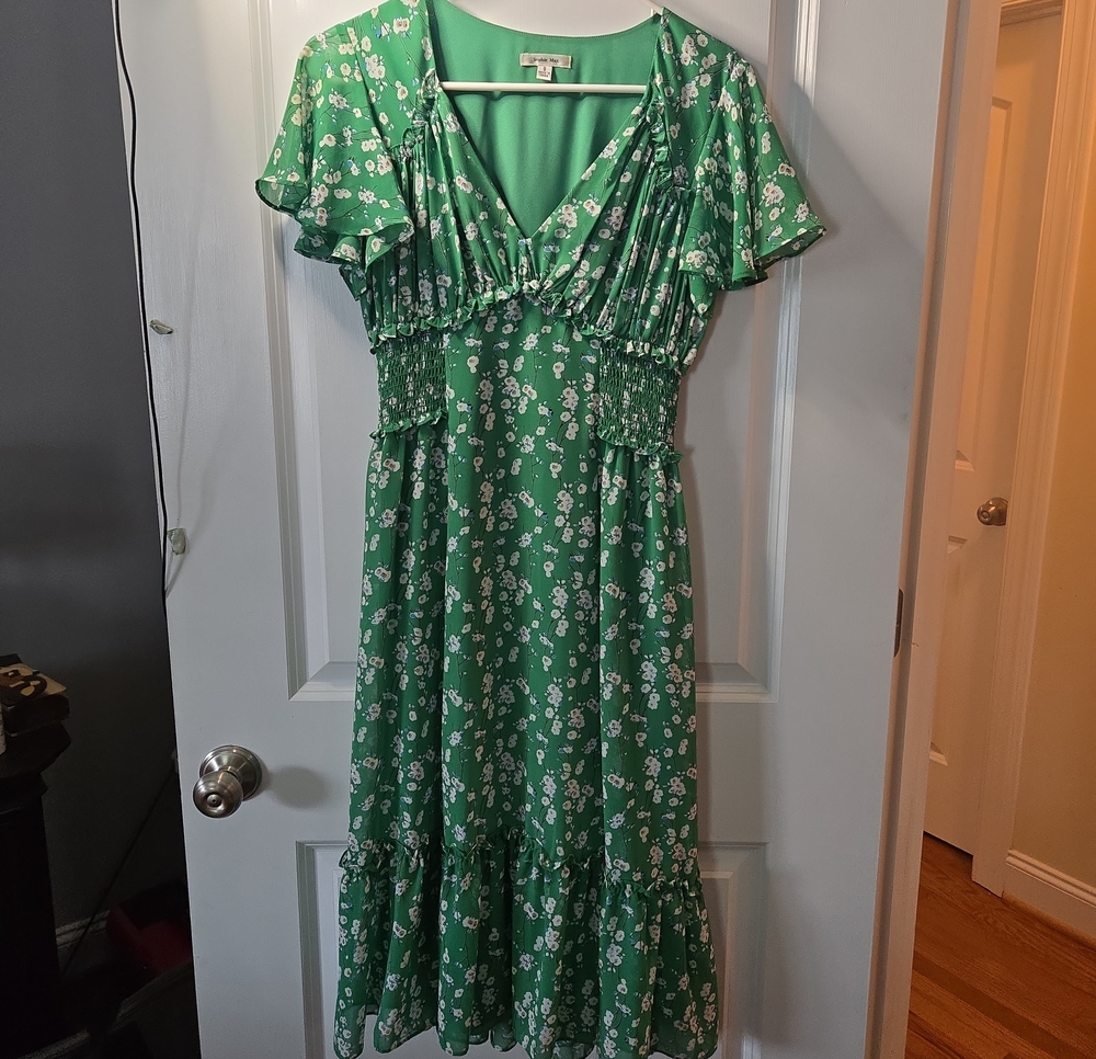 Sophie Max Green Floral V-Neck Smocked Midi Dress